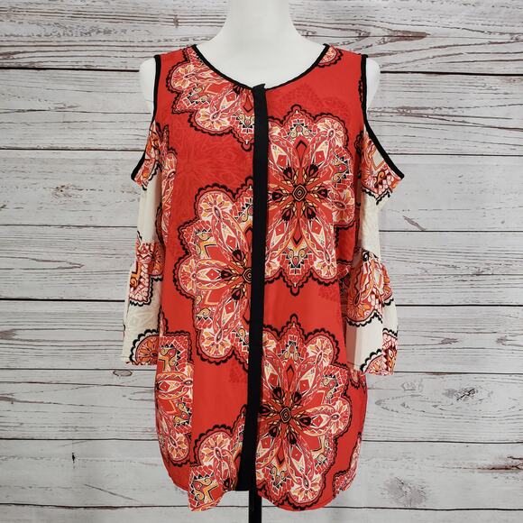 Chico's Women's Red Tiled Spice Cold Shoulder Top Size 1 - Picture 1 of 11